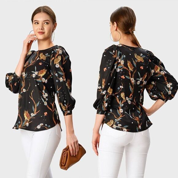 Zapelle Puff Sleeve Owl Print Crepe Blouse Medium - Picture 1 of 5
